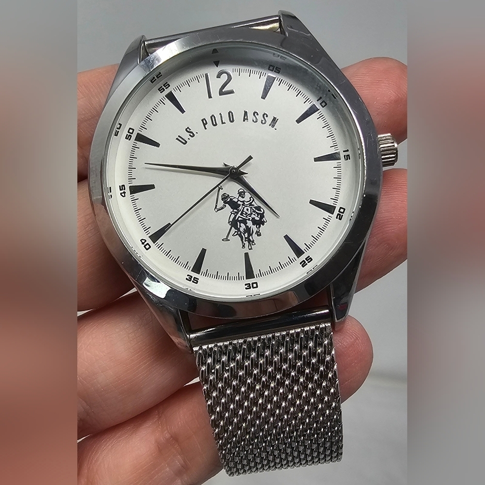 U.S. POLO ASSN. STAINLESS STEEL Silver Band White Dial Watch WORKS New Battery - Picture 11 of 13